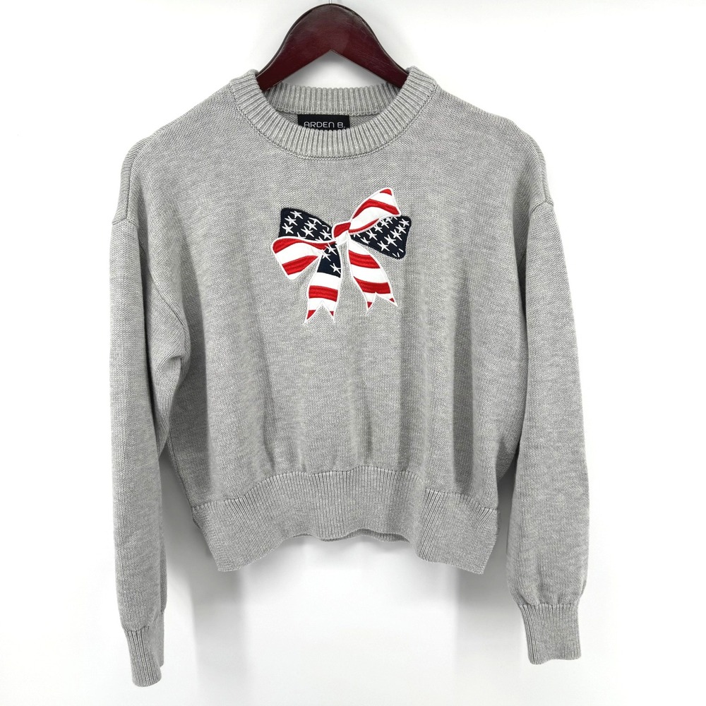 Arden B Sweater Women S Gray American Flag Bow Patriotic Preppy Coquette Coastal